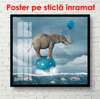 Постер - Слон на голубом шаре, 100 x 100 см, Постер в раме, Фэнтези