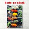Poster - Bright spices and herbs in spoons, 60 x 90 см, Framed poster on glass, Food and Drinks