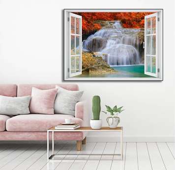 Wall Sticker - Window overlooking the cascade surrounded by red leaves, Window imitation