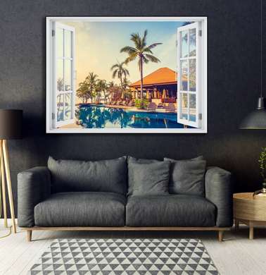 Wall Sticker - 3D window with city view on the water, Window imitation