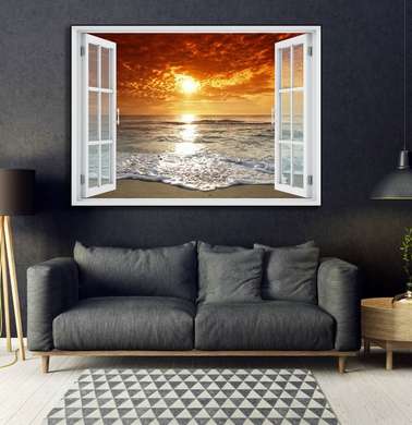 Наклейка на стену - Окно с видом на морском закате, Имитация окна, 130 х 85