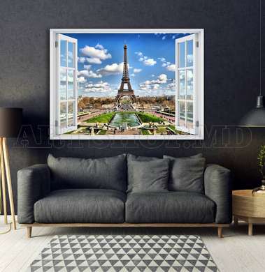 Наклейка на стену - Окно с видом на Париж, Имитация окна, 130 х 85