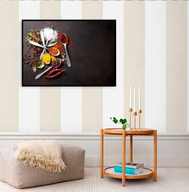 Poster - Bright spices on a black stone, 90 x 60 см, Framed poster on glass