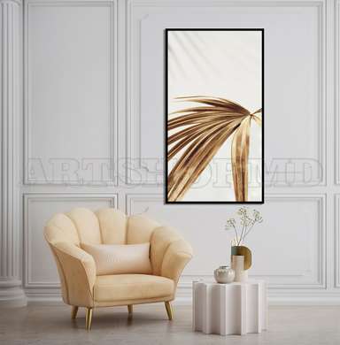 Poster - Golden tropical leaf, 45 x 90 см, Framed poster on glass, Botanical