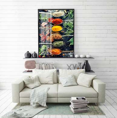 Постер - Яркие специи и травы в ложках, 30 x 45 см, Холст на подрамнике, Еда и Напитки