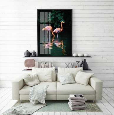 Poster, Flamingos in the dark jungle, 60 x 90 см, Framed poster on glass