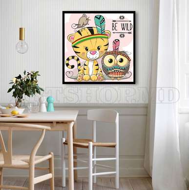 Poster - Tiger cub and owl on a pink background, 100 x 100 см, Framed poster on glass, For Kids
