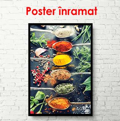 Poster - Bright spices and herbs in spoons, 30 x 45 см, Canvas on frame
