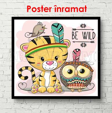 Poster - Tiger cub and owl on a pink background, 100 x 100 см, Framed poster, For Kids