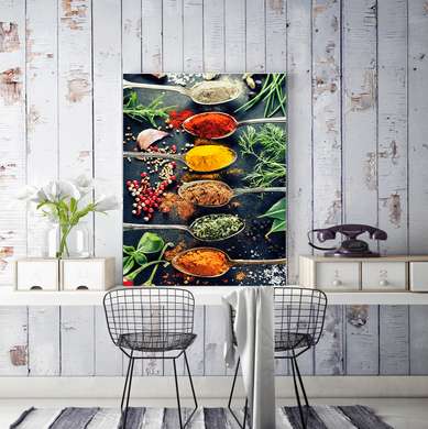 Постер - Яркие специи и травы в ложках, 30 x 45 см, Холст на подрамнике, Еда и Напитки