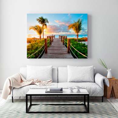 Poster - Wooden bridge near the beach with palm trees, 90 x 60 см, Framed poster, Nature