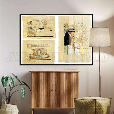 Постер - Египетские картинки на старинном папирусе, 90 x 60 см, Постер на Стекле в раме, Винтаж