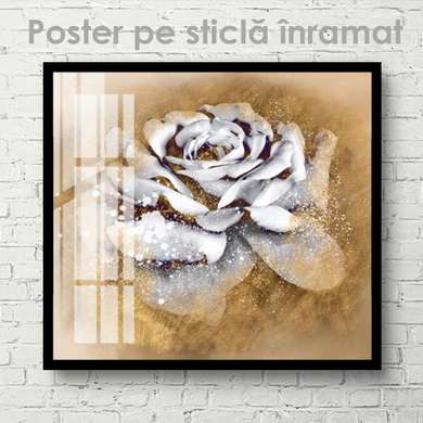 Постер - Белая роза на золотом фоне, 40 x 40 см, Холст на подрамнике