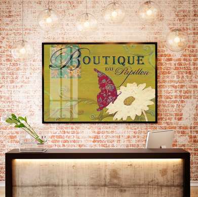 Poster - Green background with white flower and butterfly, 90 x 60 см, Framed poster, Provence