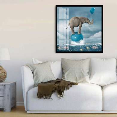 Poster - Elefantul pe o minge albastră, 100 x 100 см, Poster înrămat