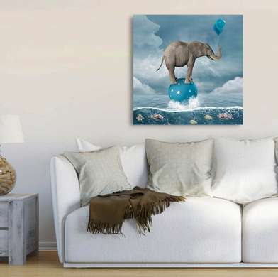Poster - Elefantul pe o minge albastră, 100 x 100 см, Poster înrămat