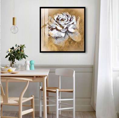 Poster - Trandafir alb pe fundal auriu, 100 x 100 см, Poster inramat pe sticla