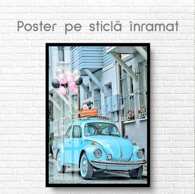 Постер - Винтажная машина голубого цвета, 30 x 45 см, Холст на подрамнике