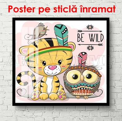 Постер - Тигренок и сова на розовом фоне, 100 x 100 см, Постер в раме, Для Детей