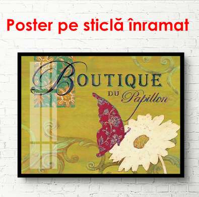 Постер - Зеленый фон с белым цветком и бабочкой, 90 x 60 см, Постер в раме, Прованс