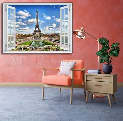 Наклейка на стену - Окно с видом на Париж, Имитация окна, 130 х 85