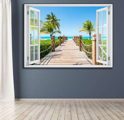 Наклейка на стену - 3D-окно с видом на волшебный остров, Имитация окна, 130 х 85