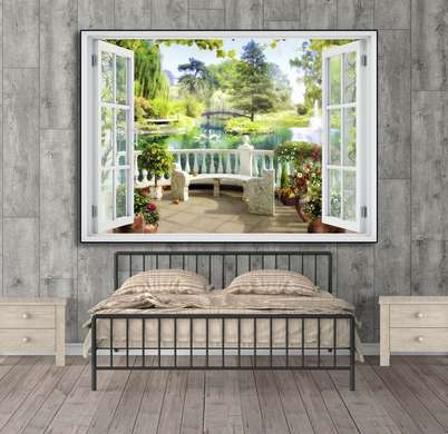 Наклейка на стену - Окно с видом на очаровательный парк, Имитация окна, 130 х 85