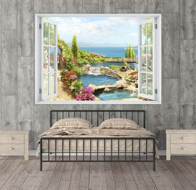 Stickere pentru pereți - Fereastra cu vedere spre o grădină minunată, Imitarea Ferestrei, 130 х 85