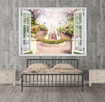Наклейка на стену - Окно с видом на цветущий парк с колодцем, Имитация окна, 130 х 85