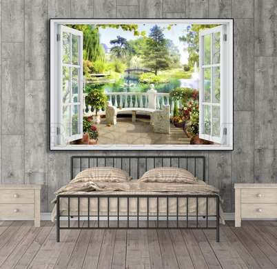 Наклейка на стену - Окно с видом на очаровательный парк, Имитация окна, 130 х 85