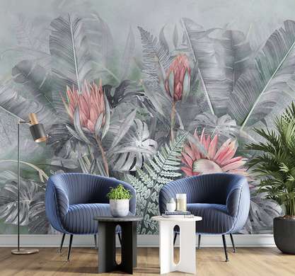 Wall mural - Exotic bouquet with pink flowers in shades of gray blue