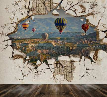 Fototapet 3D - Gaură în perete cu vedere la peisaj cu baloane cu aer cald