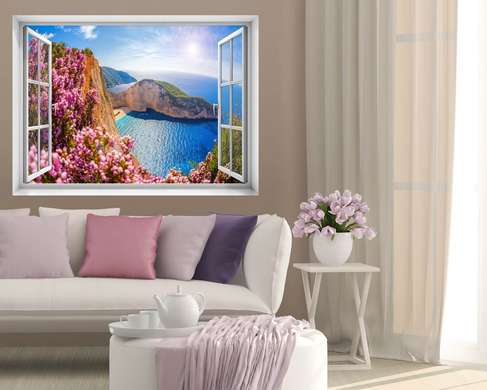 Stickere pentru pereți - Fereastra 3D cu vedere spre mare și flori roz, Imitarea Ferestrei, 130 х 85