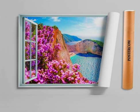 Wall Sticker - 3D window with sea view and pink flowers, Window imitation