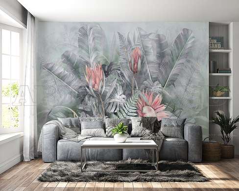 Wall mural - Exotic bouquet with pink flowers in shades of gray blue