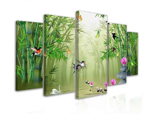 Модульная картина, Бамбуковый лес с птицами, 108 х 60
