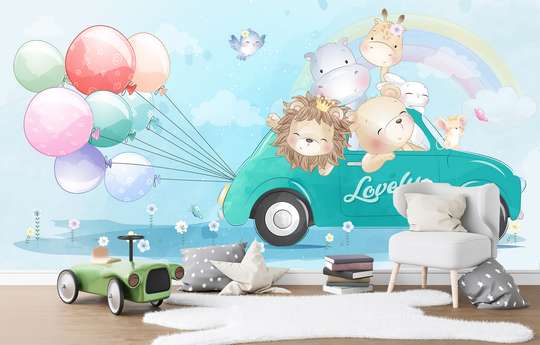 Nursery Wall Mural - Cute animals in the car with balloons