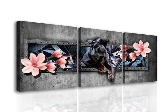 Modular picture, Black panther with pink flowers on a gray background