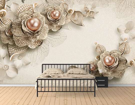 3D Wallpaper - Golden flowers with pearls on a light background