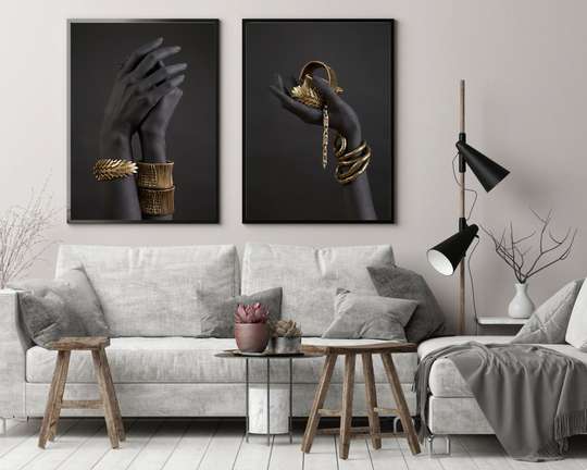 Poster - Gold accessories, 60 x 90 см, Framed poster on glass, Sets