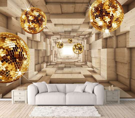 Fototapet 3D - Tunelul din cuburi din lemn și sfere strălucitoare
