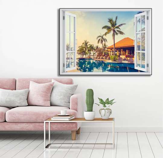 Wall Sticker - 3D window with city view on the water