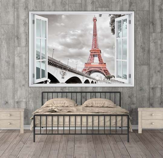 Stickere pentru pereți - Fereastra cu vedere spre Turnul Eiffel alb-negru, Imitarea Ferestrei, 130 х 85