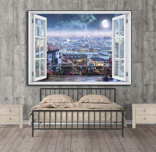 Наклейка на стену - Окно с видом на ночной город, 130 х 85