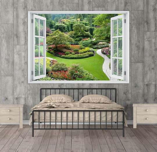 Наклейка на стену - Окно с видом на цветочный парк, Имитация окна, 130 х 85