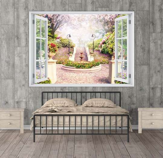 Наклейка на стену - Окно с видом на цветущий парк с колодцем, 130 х 85
