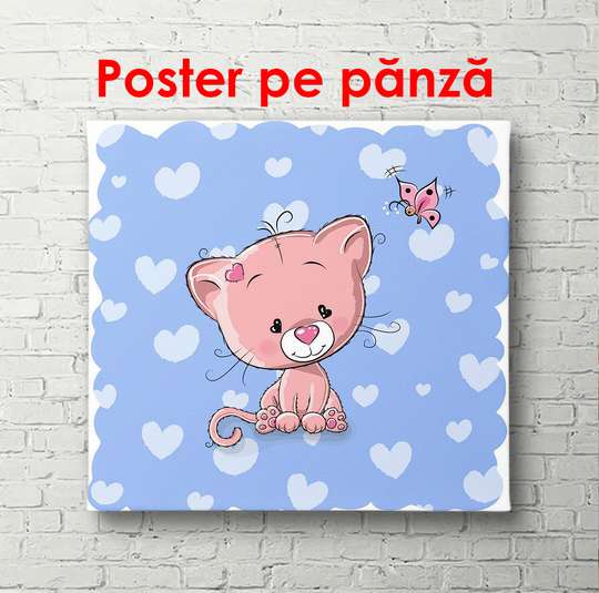 Poster - Pisica roz pe un fundal albastru, 100 x 100 см, Poster înrămat, Pentru Copii