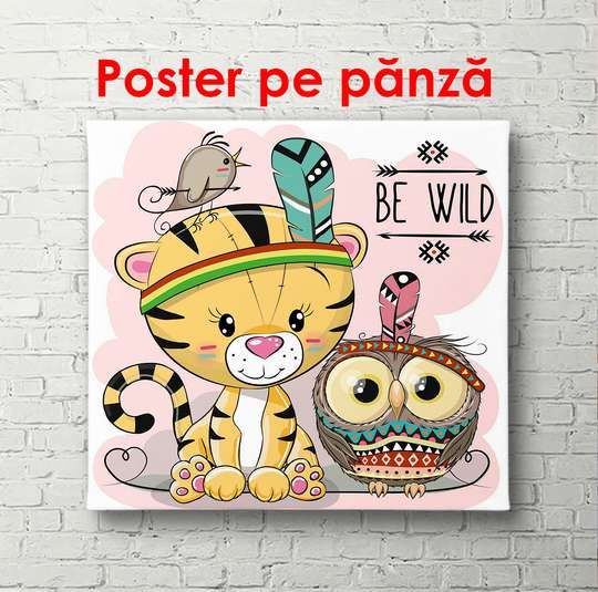 Poster - Pui de tigru și bufniță pe un fundal roz, 100 x 100 см, Poster înrămat, Pentru Copii