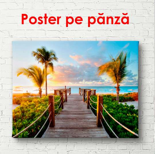 Poster - Wooden bridge near the beach with palm trees, 90 x 60 см, Framed poster
