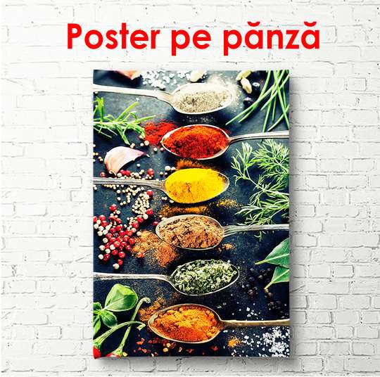 Постер - Яркие специи и травы в ложках, 30 x 45 см, Холст на подрамнике